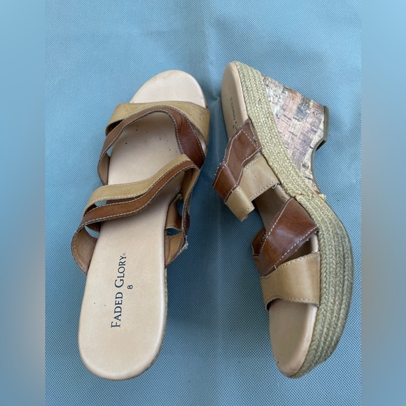 Women's Faded Glory Open Toe Brown & Tan Straps With Cork Like Heel Sandals - Picture 2 of 5